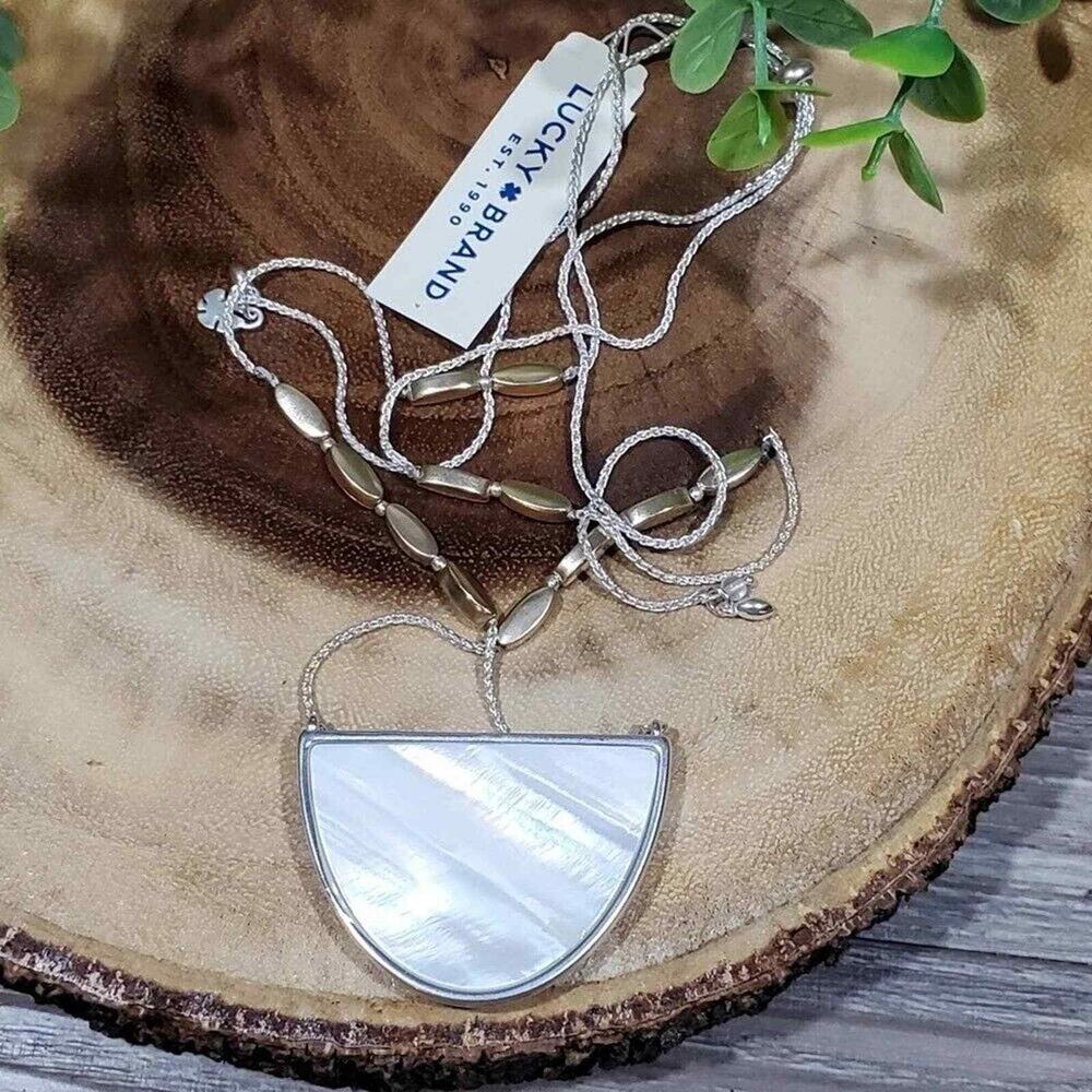 Lucky Brand Reversible Mother of Pearl Semi Circle Pendant Necklace Silver Gold